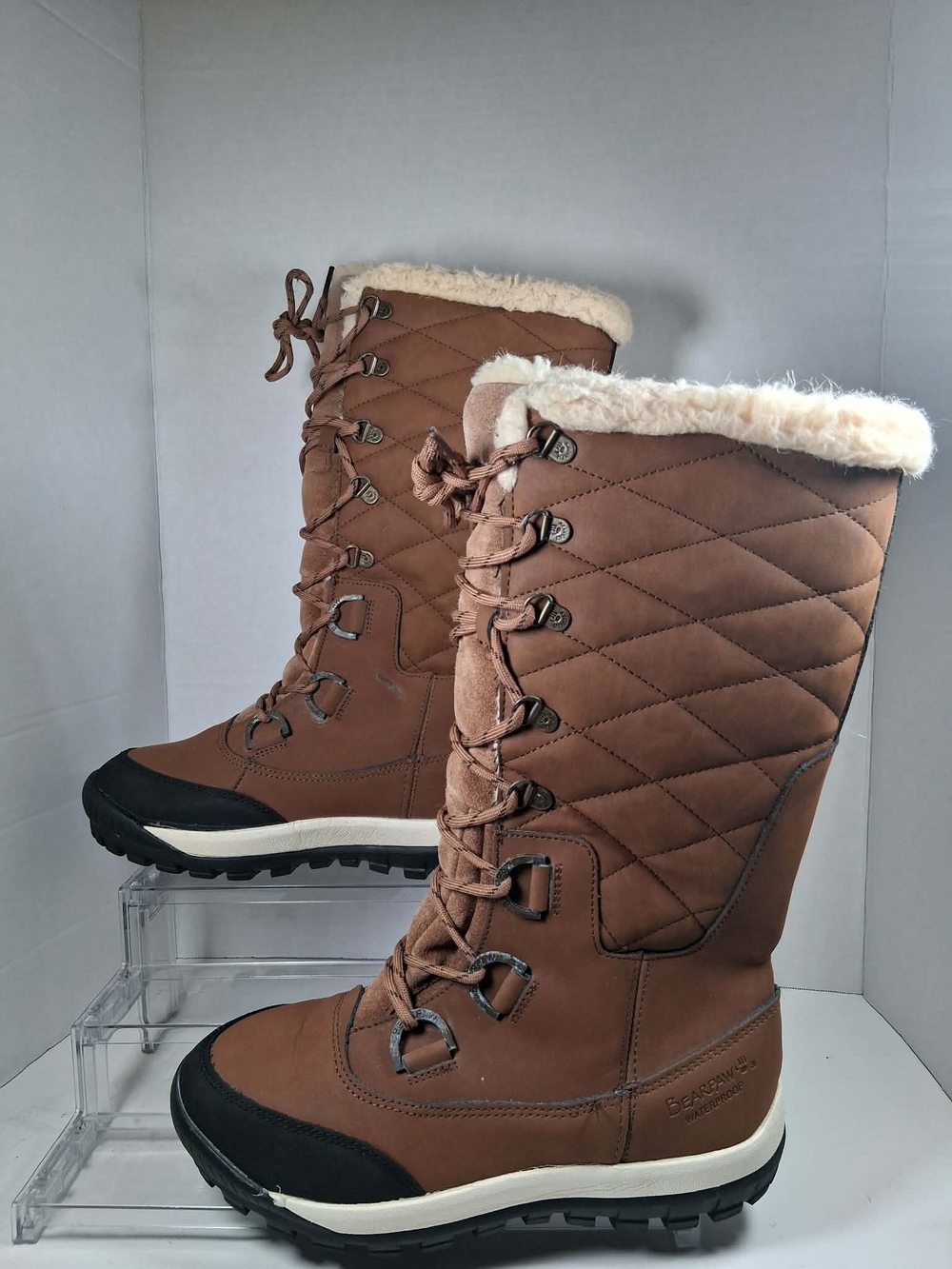 Bearpaw Women's Brown Synthetic Faux Fur Lined Lace Up Knee High Snow Boots 8